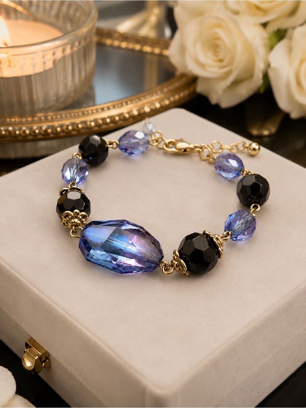 Blue & Black Faceted Beaded Bracelet | Gold Tone Adjustable Statement Jewelry